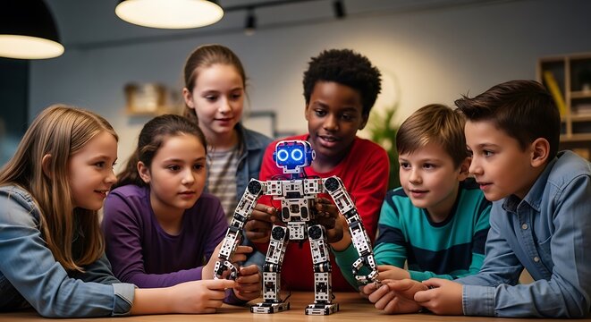 Diverse group of happy children playing with a small programmable robot toy in a home classroom setting at night