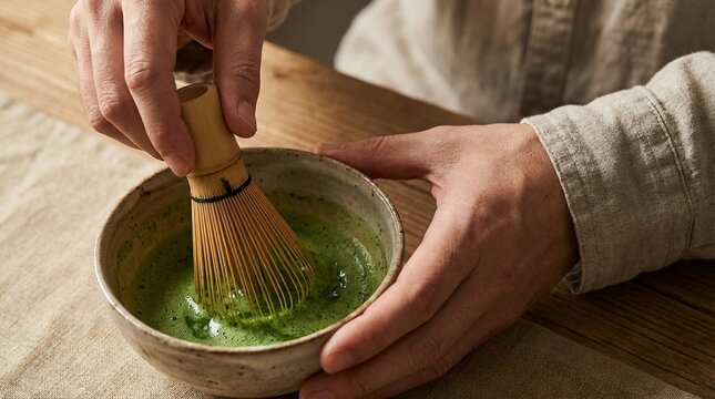 Hands whisking green matcha tea in a ceramic bowl on a wooden table, calm mindful preparation, cozy home kitchen ritual