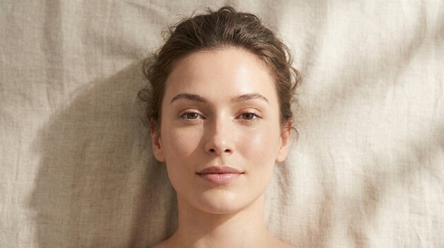 Young caucasian woman lying on linen bed, calm relaxed face in soft natural light, wellness skincare and self care concept, peaceful morning routine and rest