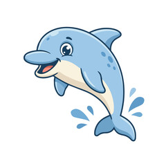 Fototapeta premium Cheerful blue dolphin leaping from water, cute cartoon marine animal mascot, flat vector graphic for educational projects