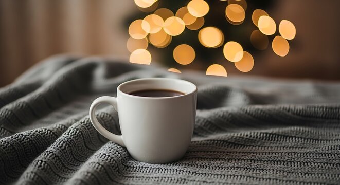 A warm cup of coffee on a cozy wooden tray with glowing bokeh lights in the background for a relaxing winter mood
