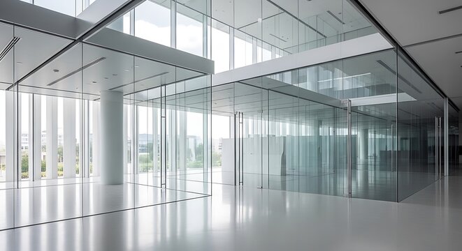 Modern empty office building interior with large glass windows and bright natural light in a contemporary skyscraper