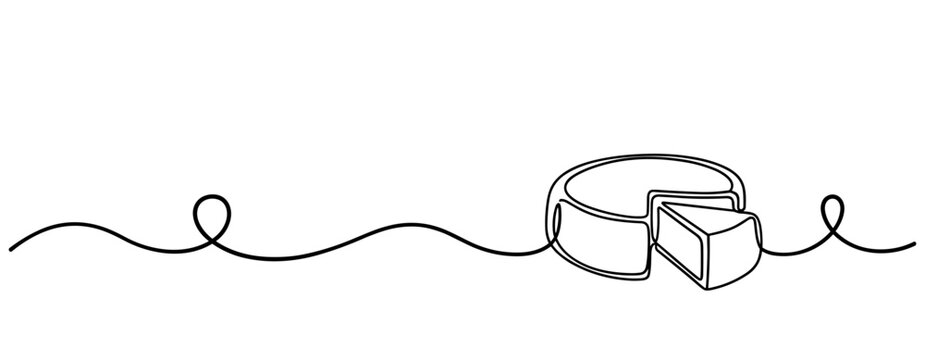 Cheese wheel with slice placed on continuous line background. none editable strokes
