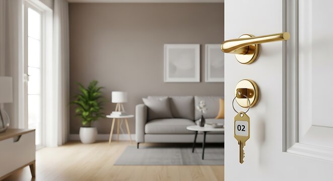 Open door with metal handle and guest room key with tag number 02 in a modern hotel apartment interior hallway
