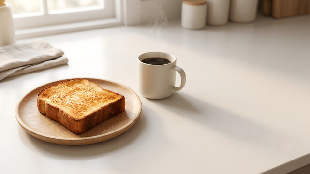 明るいキッチンのテーブルに置かれた香ばしいトーストと温かいブラックコーヒー