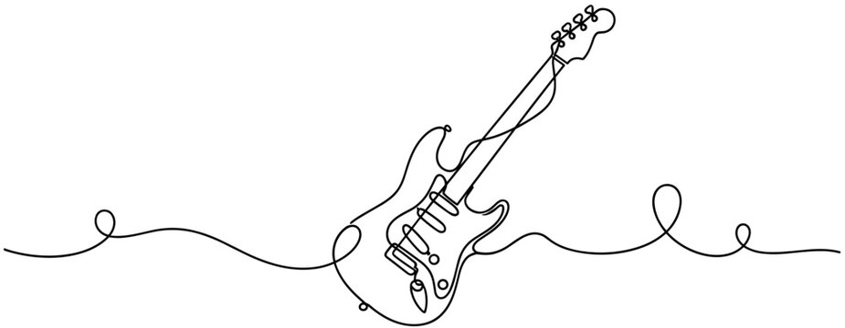 Electric guitar leaning diagonally on continuous line backdrop. none editable strokes