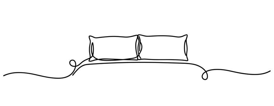 Two pillows resting on continuous line bed illustration. none editable strokes