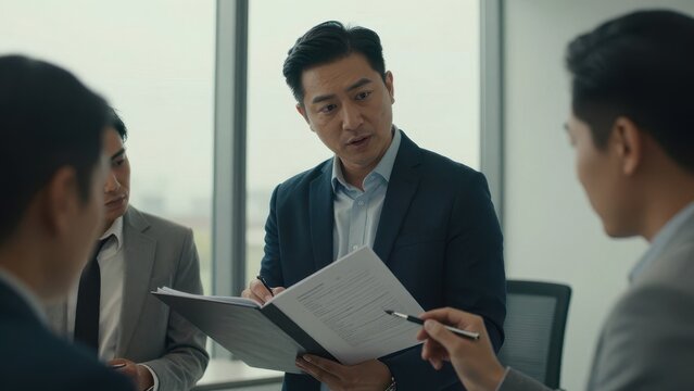 Serious professional Asian businessman presenting and discussing important legal documents with his diverse corporate team in a modern bright high-rise office meeting room