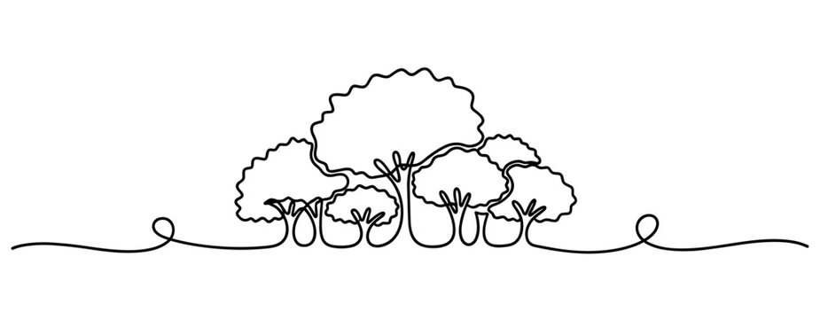 Group of trees drawn in single continuous line on white background. none editable strokes