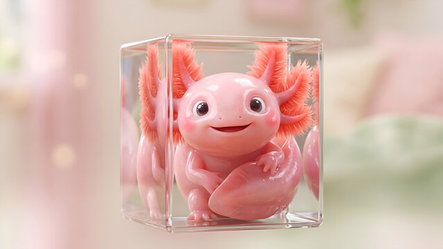 Cute Baby Axolotl in Transparent Cube &ndash; 4K Mobile Wallpaper