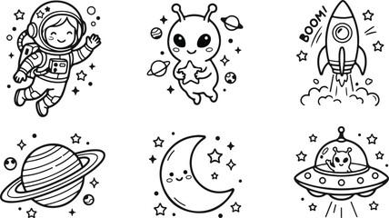 Cute Space Adventure Black and White Vector Icon Collection, Hand Drawn Outer Space Doodles, Astronaut, Alien, Rocket Launch, Saturn Planet, Crescent Moon and UFO Flying Saucer. © Ak Azad