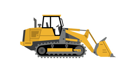 A yellow bulldozer with a black undercarriage and gray accents on a white background. © Dhiyak
