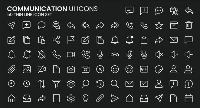 Large collection of essential UI UX line icons for web, mobile apps, and digital graphic design, Icon set of communication 