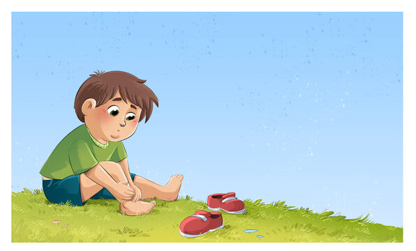 Ni&ntilde;o descalzo en el campo con los pies cansados, ilustraci&oacute;n infantil