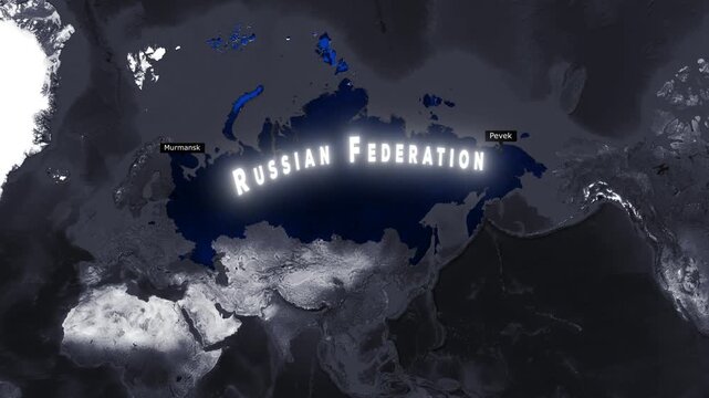 Animated Monochrome 3D Satellite Map of Russia Showing Trans-Siberian Railway Route from Moscow to Vladivostok