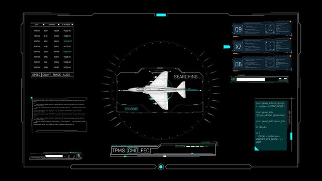 Futuristic HUD Fighter Jet Interface with Military Targeting Radar and Aircraft Telemetry for Sci-Fi Video Editing