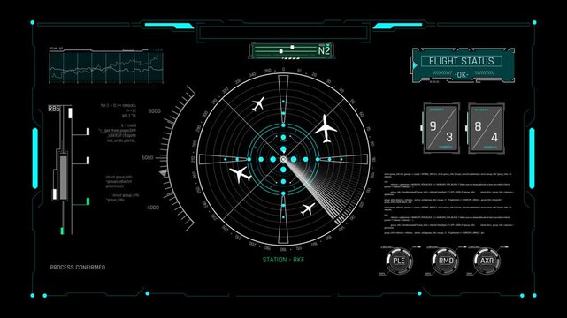 Futuristic Air Traffic Control HUD Screen with World Radar Sweep and Airplane Icons for Sci-Fi Flight Simulation