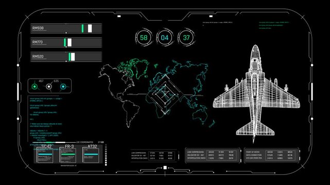 Futuristic HUD Flight Tracking Screen with World Map and Passenger Airplane Silhouette for Sci-Fi Video Editing