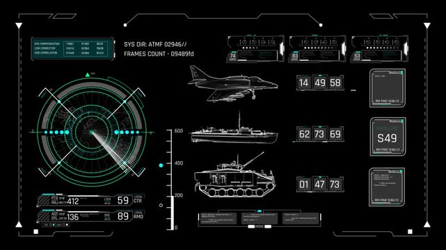 Futuristic Military HUD Screen with Fighter Jet Warship and Tank Silhouettes for Tactical Sci-Fi Video Editing