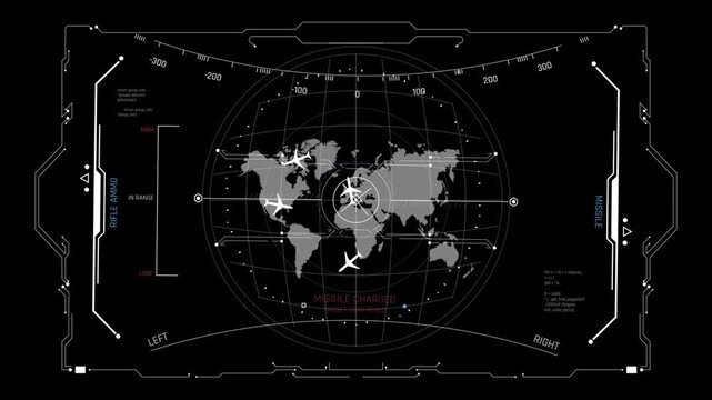 Futuristic Military Targeting HUD Screen with World Map Airplanes and Red Missile Charged Threat for Sci-Fi Editing