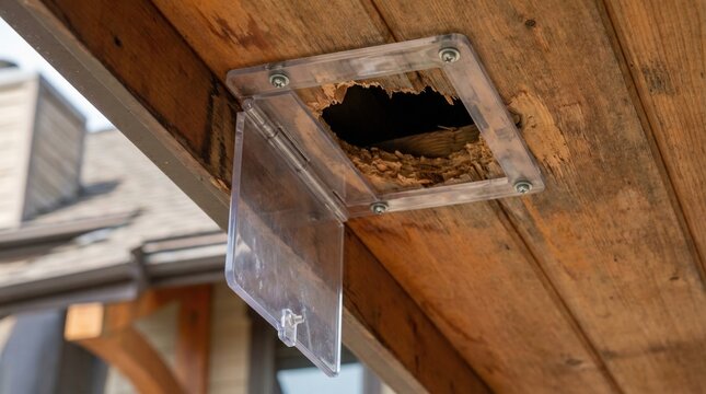 A plastic one-way exclusion door is installed over a hole in a wooden soffit. This setup manages wildlife pests and prevents reentry. Useful for home repair and pest control.
