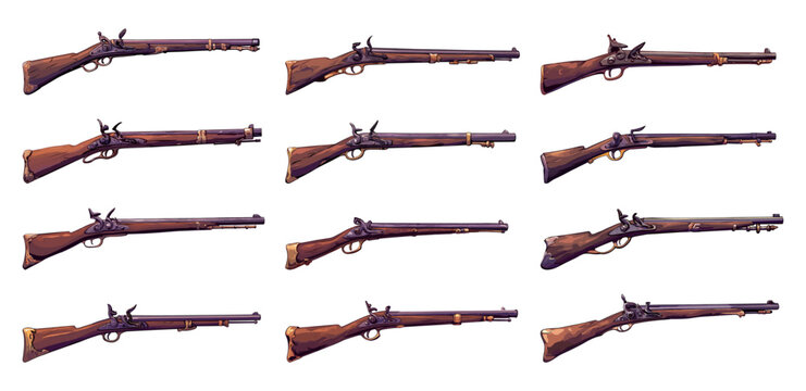 Set of antique guns and rifles of different designs, weapons, wooden, shooting, bullet, barrel, beautiful, butt, history, bolt, trigger, vector illustration