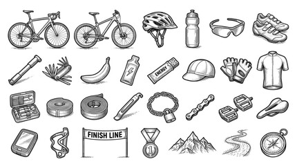 Obraz premium Cycling equipment icons set. Bicycle and cyclist icon.
