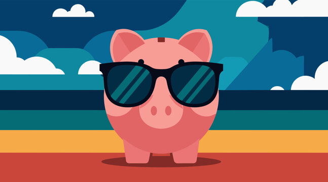 Piggy bank wearing sunglasses on beach with clouds and horizon