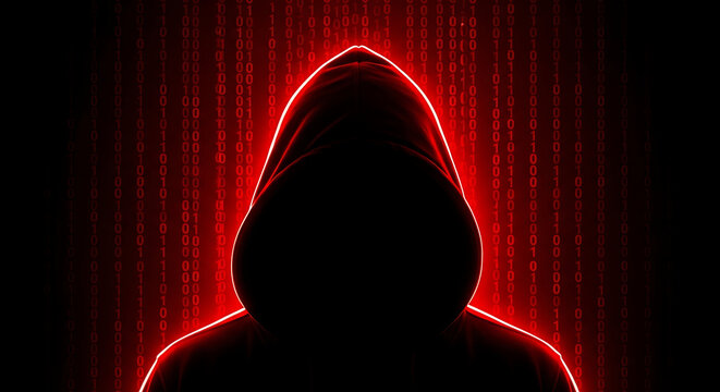 Cyber hacker in a hood. Anonymous person with digital red binary code background.