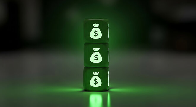 Green dice with money bag icons. Stacked cubes representing financial success and profit.