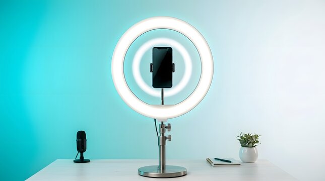 Ring light, smartphone and influencer equipment on desk for video creation, live streaming and social media marketing. Content creator, vlogging and recording at home with studio light and mobile