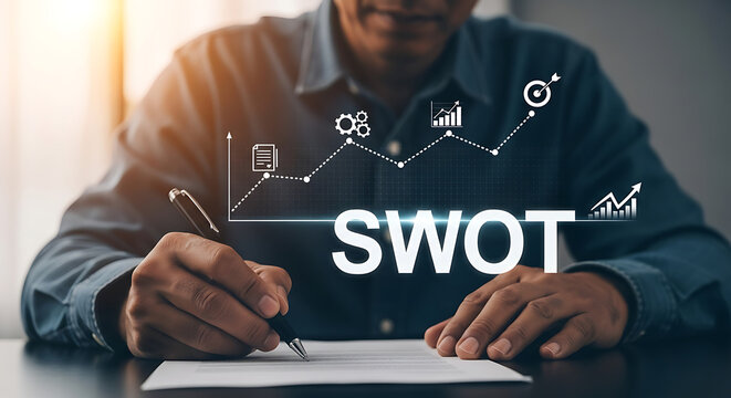 Business professional analyzing SWOT matrix on paper. Strategic planning session with handwritten notes and digital icons for growth.