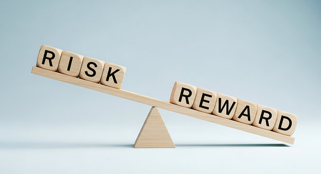 Risk vs reward concept on wooden seesaw. Business balance scale showing financial trade-off.