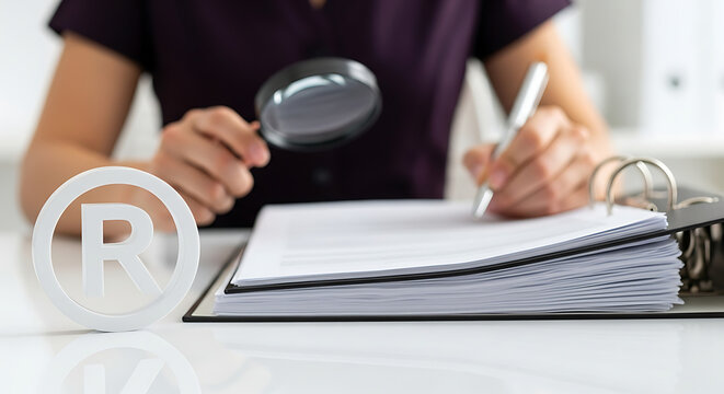 Professional examining legal documents. Lawyer using magnifying glass to review contract.