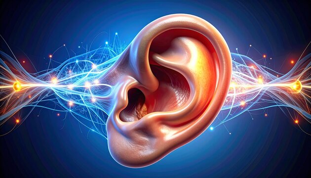 Digital rendering of human ear with glowing neural pathways, symbolizing auditory function, nerve activity, and medical visualization.
