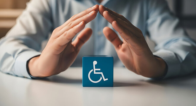 Hands holding disability awareness symbol on bed. Person displaying wheelchair accessibility icon for inclusivity and support.
