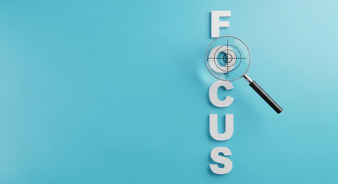 Magnifying glass over the word Focus. Business concept of vision and strategic clarity.