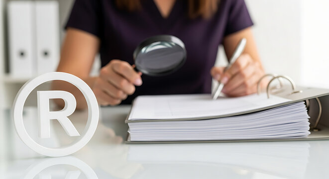 Professional checking trademark registration. Lawyer reviewing legal documents for copyright.