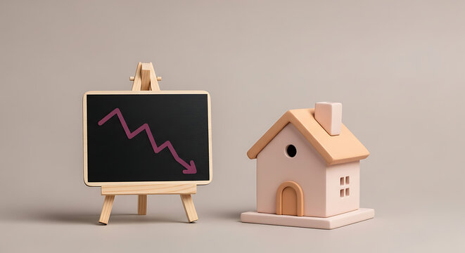 Real estate market crash concept. Miniature house with a downward trend graph on a chalkboard.