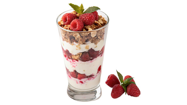 Healthy breakfast yogurt parfait with granola and berries isolated on transparent background cut out
