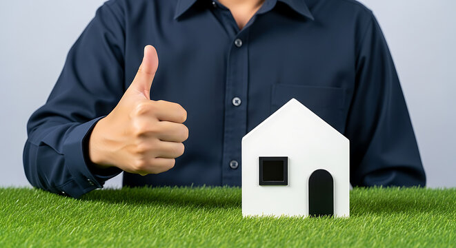 Man showing thumbs up with house model. Real estate agent recommending property investment.