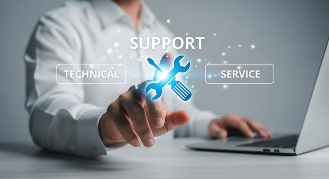 Professional touching technical support interface. IT specialist using digital help desk.