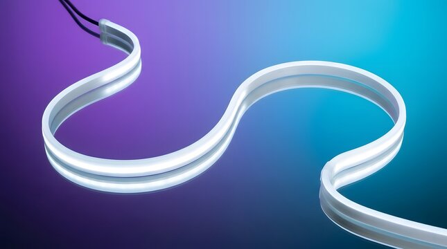 LED neon strip, flexible light and white glowing lamp for signage, decor and interior design. Product mockup, luminescent tape and bright diode on gradient background for advertising and creative bra