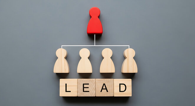 Red leader figure with wooden team. Corporate hierarchy and business management concept.