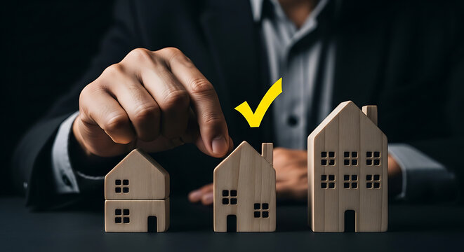 Real estate agent choosing a house model. Property investment and home insurance concept.