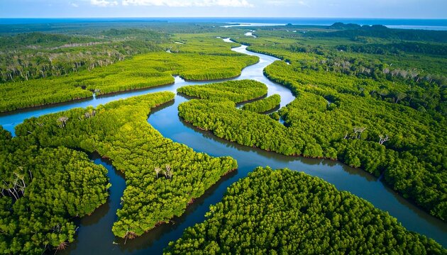 Aerial view of winding river through green agricultural fields.
