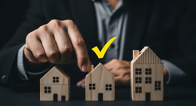 Businessman choosing a house model. Real estate agent selecting the best property option.