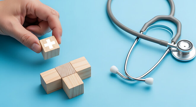 Hand placing wooden blocks with healthcare symbols. Medical professional arranging health insurance or treatment icons on teal background.