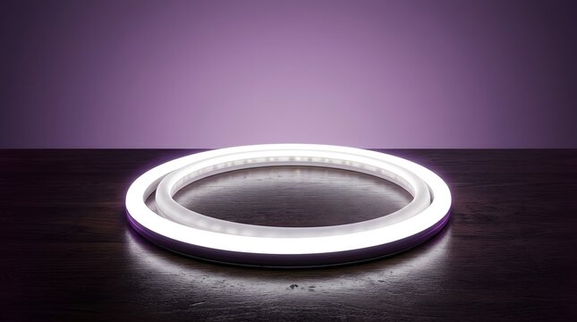 Ring light, circle and neon on wooden table for product display, showroom and showcase. Glowing halo, round lamp and purple background for photography, marketing and commercial advertisement space.