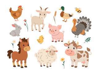 Fototapeta premium Cute farm animals vector set. Isolated on white background.